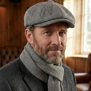 May include: A gray herringbone pattern newsboy cap, scarf, and jacket. The cap and scarf feature a classic herringbone weave. The jacket is a solid gray color. The ensemble creates a sophisticated, timeless look.