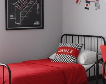 Personalized Racing Flag Cushion, Checkered Pattern Pillow, Custom Name Embroidered Decor, Motorsport Theme Gift for Him