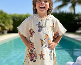 Kids Muslin Poncho Towel, Hooded Beach Cape, Organic Cotton Sea Life Print, Toddler Swim Cover-Up, Quick Dry Bath Time Wrap