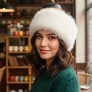 May include: A woman wearing a fluffy white fur hat and a dark green sweater. The hat is round and covers the top of the head. The sweater has a ribbed texture. The background is a cafe with shelves and hanging lights.