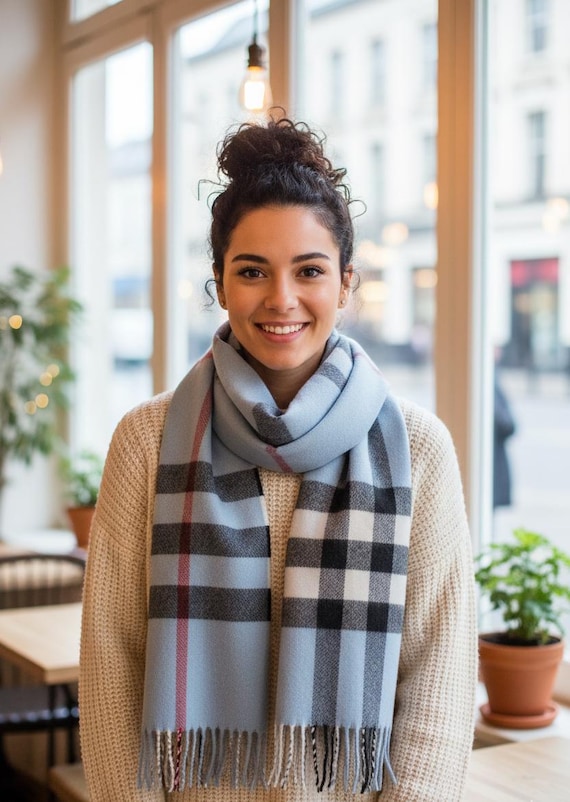 Chunky Blue Plaid Scarf, Oversized Winter Check Blanket Scarf  display picture 1