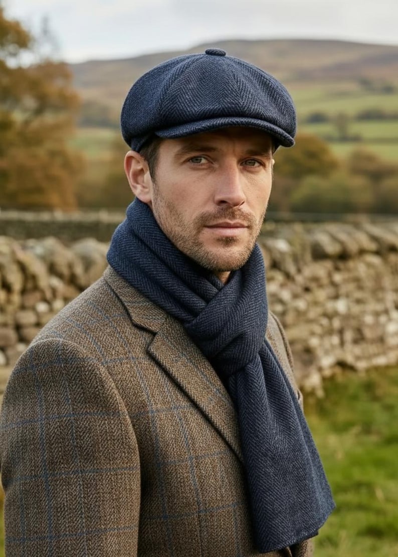 Navy Blue Herringbone Newsboy Cap and Scarf Set, Mens Wool Flat Cap ...