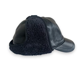 HAORUN Men's Winter Baseball Cap With Earflaps | Faux Leather Flat Top Thermal Hat | One Size Fits Most (58 Cm) | Black
