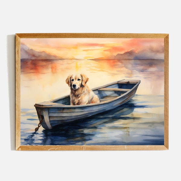 Golden Retriever in a Boat on Lake - wall art print