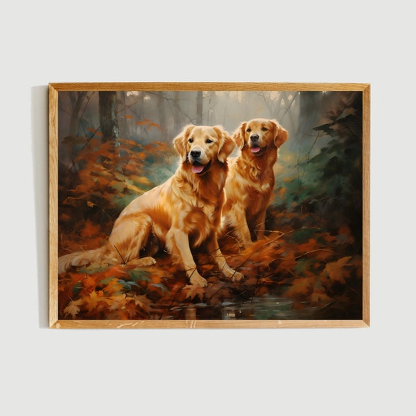 A Pair of Golden Retrievers in Golden Woods - wall art print