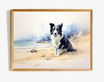 Border-Collie Sitzend am Ufer Kunst - Druckbares Wandbild