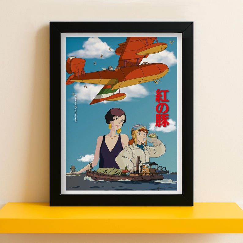 May include: Framed poster featuring a vintage anime scene with a red seaplane in the sky. Two women are on a boat in the water. The poster has Japanese text and is set against a blue sky.