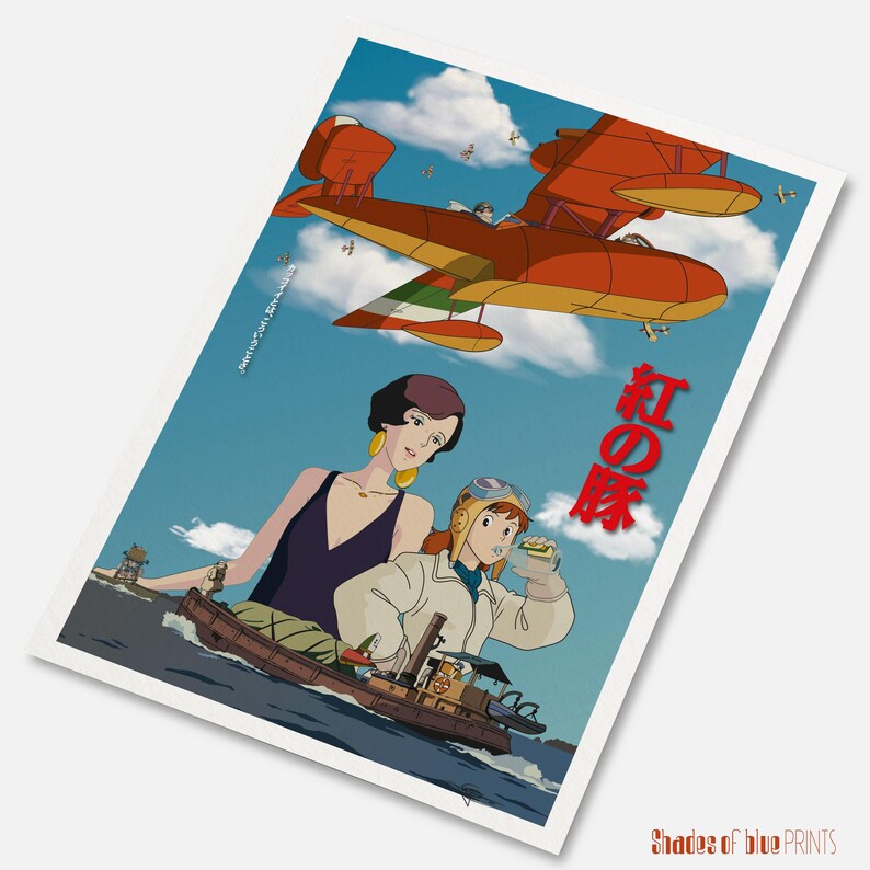 May include: A poster featuring an animated scene with a red and yellow seaplane flying in a blue sky with clouds. Two women are in a boat on the water below. Japanese text is visible on the poster.