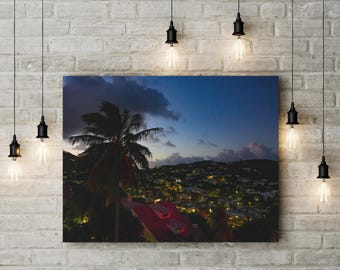 Canvasafdruk, St. Thomas USVI 's nachts, kunst aan de muur decor, decor tropisch eiland, Caribische poster, reisfotografie, strandhuiskunst
