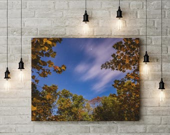 Canvasprint, sterrenhemel herfstnacht, kunst aan de muur decor, kantoor aan huis decoratie, cadeau voor natuurliefhebbers, schilderij herfstthema