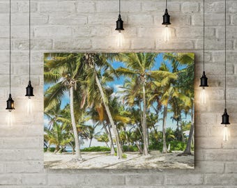Toile d'art, escapade à la plage de sable dans les Caraïbes, décoration murale palmiers, impression île tropicale, affiche ambiance vacances, oeuvre d'art maison côtière, coucher de soleil