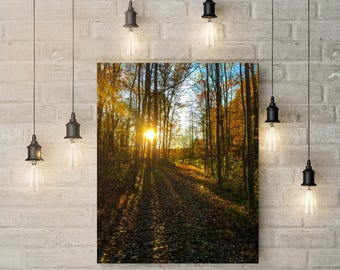 Canvasprint, levendige herfst bos zonsondergang muurkunst, natuur woondecoratie, landschapsschilderij, rustieke hutdecoratie, herfst seizoensfoto