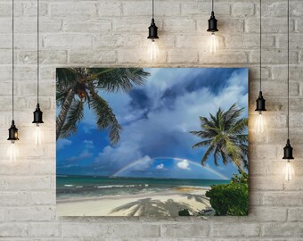 Impression sur toile, arc-en-ciel sur les Bahamas, double arc-en-ciel, arc-en-ciel sur la plage, art mural mat, toile tendue, 1 25", décoration d'intérieur, ambiance tropicale