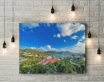 Art mural sur toile, St Thomas USVI Cove, décoration de maison de plage, peinture de paysage tropical, cadeau pour une maison côtière, affiche d'oeuvre d'art sur l'océan