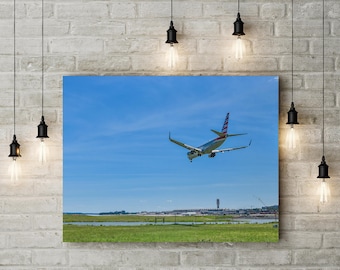 Impression sur toile, oeuvre d'art aéronautique, décoration murale d'avion, image d'avion, décoration sur le thème du voyage, atterrissage d'avion à Washington