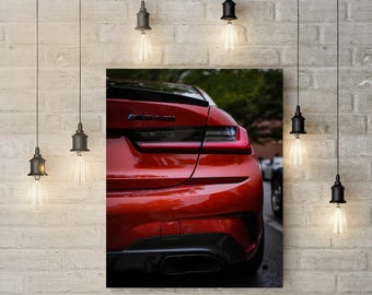 Rode BMW M340i autokunst, matte canvasafdruk