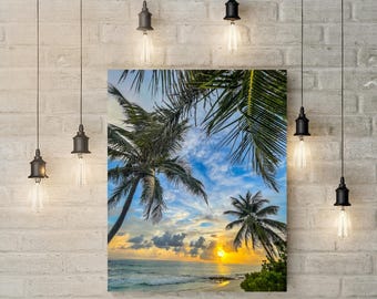 Impression sur toile Lever de soleil aux Bahamas : décoration murale palmier de plage