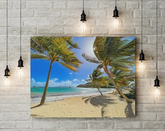 Toile d'art, escapade à la plage de sable dans les Caraïbes, décoration murale palmiers, impression île tropicale, affiche ambiance vacances, oeuvre d'art maison côtière, USVI