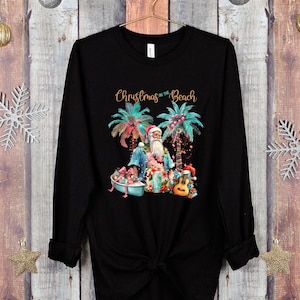 Tropical Christmas long sleeve Shirt, Christmas On The Beach Shirt, Christmas Palm Tree, Santa Xmas Holiday Gift, Unsex Long sleeve Shirt