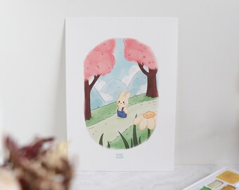 Illustration lapin au milieu des sakura, format A5