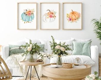 Conjunto de 3 estampados de arte de calabaza floral, decoración de otoño de ramo de otoño floral, decoración de granja