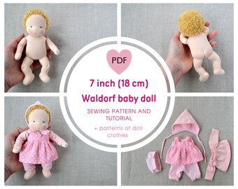 DIY Waldorf baby doll 7 inch (18 cm) tall. PDF sewing pattern and tutorial. Patterns of doll clothes as bonus!