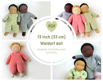 DIY Waldorf one-piece-suit doll 13 inch (33 cm) tall. PDF sewing pattern and tutorial.