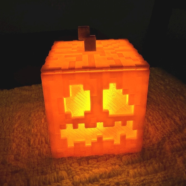 3D Printed Minecraft Jack-o-Lantern Night Light | Pixel Game Pumpkin Décor | Tea Light Lamp Gift for Gamers