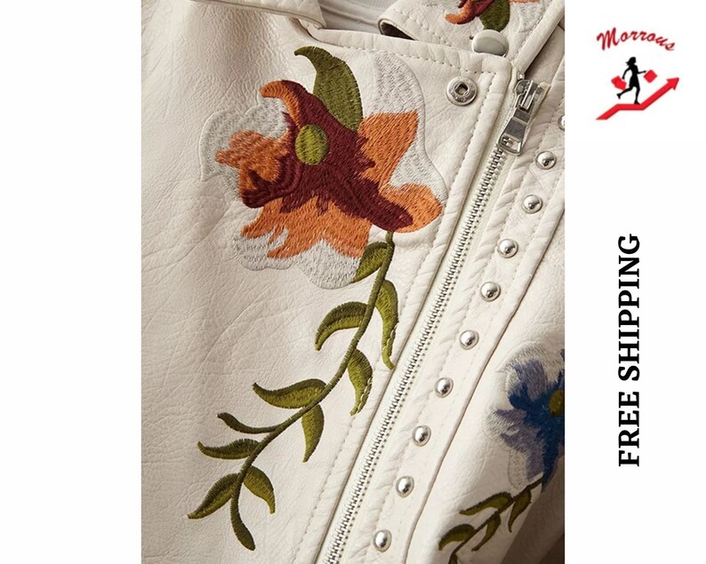 New Women Floral Print Embroidery Soft Leather Jacket/Coat