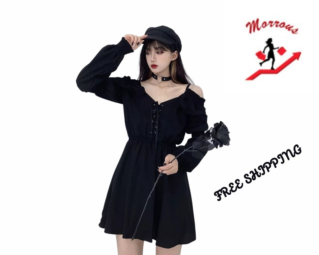 Black Tulle Prom Dress Mini Gothic off Shoulder Long Sleeve Etsy