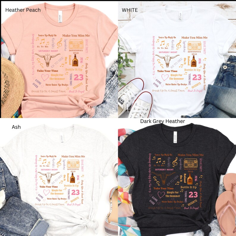 K&ouml;nnte beinhalten: Vier T-Shirts in verschiedenen Farben: Heather Peach, Wei&szlig;, Asch und Dunkelgrau Heather. Jedes Shirt zeigt ein grafisches Design mit Text und Illustrationen, darunter ein Bullenkopf, eine Boombox und die Zahl 23. Die Shirts sind Freizeitkleidung.