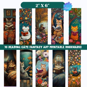 Marque-pages imprimables chat, lot de 10 chats mignons lisant, art folklorique, art fantastique, marque-pages DIY à imprimer vous-même 2 x 6 pouces, signets PDF