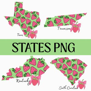 States Summer PNG Bundle – Digital Download – Cute Strawberry PNG State Silhouette Clipart for Sublimation, Shirts & Crafts - USA Bundle