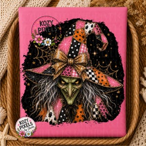May include: A rectangular pink fabric panel featuring a graphic illustration of a witch with green skin and long gray hair. The witch wears a patchwork hat with orange, black, and pink patterns, a gold bow, and spiderweb accents on a black background.