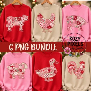 May include: A collection of six crewneck sweatshirts in red, beige, and pink, each featuring a patchwork-style animal graphic in shades of red, pink, and white. The animals include a cow, chicken, pig, sheep, duck, and rooster. Text reads 6 PNG BUNDLE.