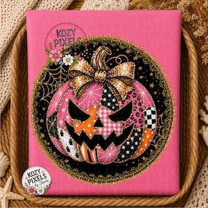 May include: A pink rectangular fabric panel featuring a central circular graphic of a jack-o'-lantern pumpkin. The pumpkin is composed of various patterned patches in pink, orange, black, and white, topped with a gold glitter bow.