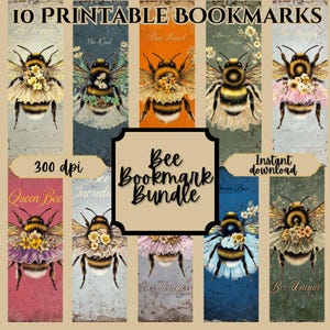 Zestaw zakładek do druku z motywem pszczół – 10 uroczych zakładek z motywem pszczół – Bee Kind, Queen Bee, Bee Unique – 300 DPI Natychmiastowe pobranie dla miłośników książek