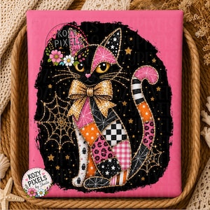 May include: A rectangular pink sign featuring a black cat illustration with a gold glitter bow. The cat has a patchwork body with orange, pink, black, and white patterns, including spiderwebs, leopard print, and stars. Text reads Kozy Pixels.