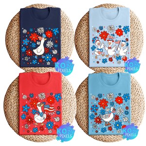 Patriotic Silly Goose PNG Bundle Floral Red White and Blue Hand drawn Graphic Tshirt Design Digital Downloads Sublimation DTG Printable