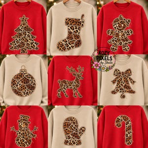 May include: A collection of nine crewneck sweatshirts in red and beige, each featuring a central holiday-themed graphic with a leopard print pattern. Designs include a Christmas tree, stocking, gingerbread person, ornament, reindeer, bell, snowman, mitten, and candy cane.