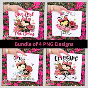 May include: Bundle of four white t-shirts with ladybug graphics and inspirational phrases. Each shirt features a different design, including phrases like "Give God The Glory" and "Find Your Peace."