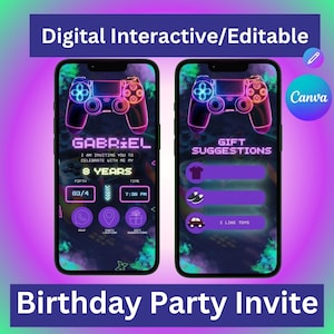 Gamer Party Einladung, Geburtstagsfeier Digitale Einladung mit interaktiven Antwortkarten, Party Ort und Geschenkvorschlägen. Digitale Kindereinladung.
