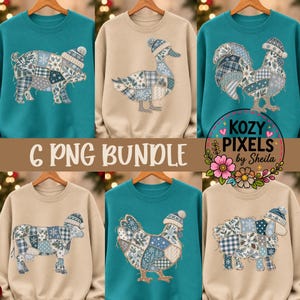May include: A collection of six crewneck sweatshirts in teal and beige, each featuring a patchwork-style animal graphic including a pig, duck, rooster, cow, chicken, and sheep, all wearing winter hats. Text reads: 6 PNG BUNDLE KOZY PIXELS by Sheila.