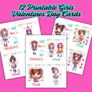 Cartes de Saint-Valentin imprimables pour filles, lot de 12 cartes de filles colorées fantaisistes pour amies d'école, 3 pages, 4 par feuille de dimension standard