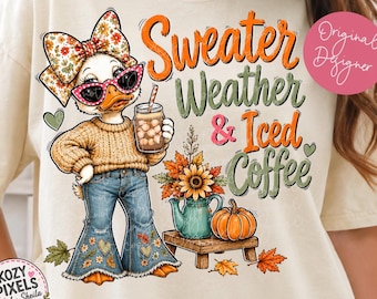 PNG de clima de suéter y café helado / PNG de pato otoñal sureño / Lindo diseño de camiseta de otoño / Sublimación de té dulce / Descarga digital de otoño
