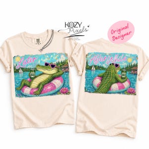 May include: Two cream-colored t-shirts with a graphic of an alligator wearing sunglasses and floating on a pink and white inner tube. The front shirt says "Later" and the back shirt says "After While". The alligator is holding a can of beer.