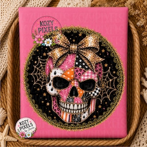 May include: A rectangular pink fabric panel featuring a central circular graphic of a skull composed of various patterned patches in pink, orange, black, and white. The skull is topped with a large gold glitter bow and framed by a gold spiderweb border. The text KOZY PIXELS by Sheila appears in two circular floral logos.