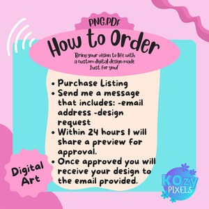 Puede incluir: Un gr&aacute;fico rosa y azul con el texto "How to Order" en negro. El texto explica c&oacute;mo pedir un dise&ntilde;o digital personalizado. El texto incluye "Purchase Listing", "Send me a message", "Within 24 hours I will share a preview for approval", y "Once approved you will receive your design to the email provided". El gr&aacute;fico tambi&eacute;n incluye el texto "Digital Art" y "Kozy Pixels".