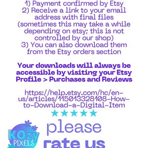 Puede incluir: Un gr&aacute;fico morado y blanco con el texto "Kozy Pixels" en un c&iacute;rculo. El texto "C&oacute;mo descargar estos archivos:" va seguido de una lista de instrucciones para descargar archivos digitales desde Etsy. El texto "Tus descargas siempre estar&aacute;n disponibles visitando tu perfil de Etsy > Compras y rese&ntilde;as" va seguido de un enlace a un art&iacute;culo de ayuda en Etsy. El texto "por favor, calif&iacute;canos" va seguido de cinco estrellas.