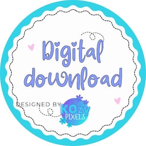 Puede incluir: Un c&iacute;rculo azul con fondo blanco y borde festoneado. El texto "Descarga digital" est&aacute; escrito en morado. El texto "Dise&ntilde;ado por Kozy Pixels" est&aacute; escrito en negro debajo del texto principal.